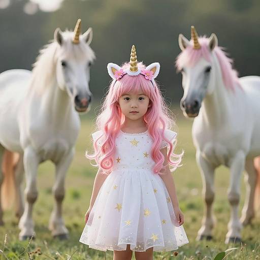 Little Girl in Unicorn Costume with White Unicorns