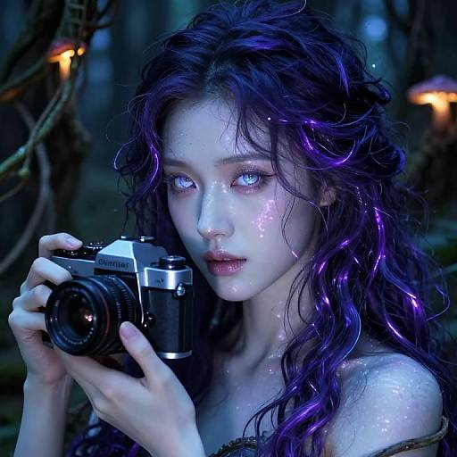 Digital artwork of a pale, ethereal woman with glowing blue eyes, purple glowing hair, holding a vintage camera in a dark, forested night.