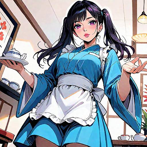 Digital anime-style drawing of a cute, black-haired woman in a blue kimono with white apron, holding a teacup, standing in a
