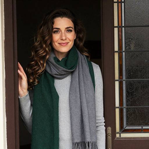 Smiling Woman in Doorway with Stained Glass