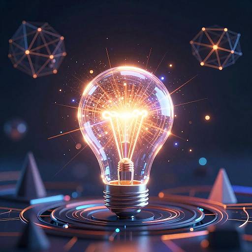 Photograph of a glowing, illuminated light bulb centered, surrounded by sparkling particles, floating geometric shapes, and blue-toned background with circular patterns and cone