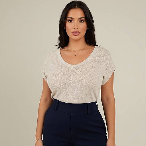 Photograph of a confident woman with medium skin tone, black hair, wearing a white lace top, black high-waisted pants, and gold jewelry