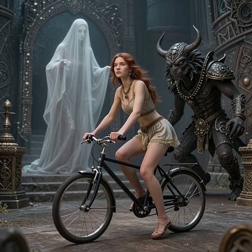 Digital fantasy artwork: Red-haired woman in gold armor rides black bicycle, pursued by armored minotaur, with ghostly figure in background.
