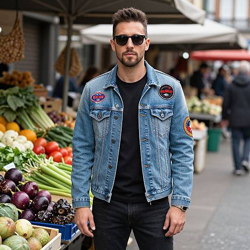 Photograph of a muscular, bearded man with short dark hair, wearing black sunglasses, blue denim jacket with patches, and black shirt, standing in