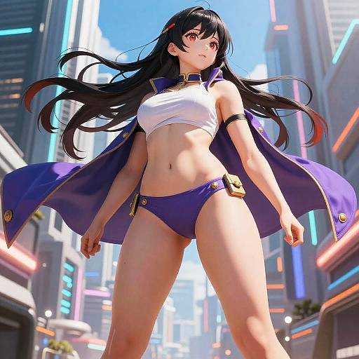 Anime-style digital drawing of a confident, black-haired woman in a white crop top and purple bikini bottoms, standing in a neon-lit, futuristic city
