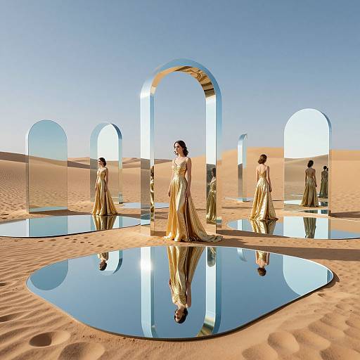 Photorealistic digital art of a woman in a gold dress, standing in reflective pools, under mirrored arches, in a desert.