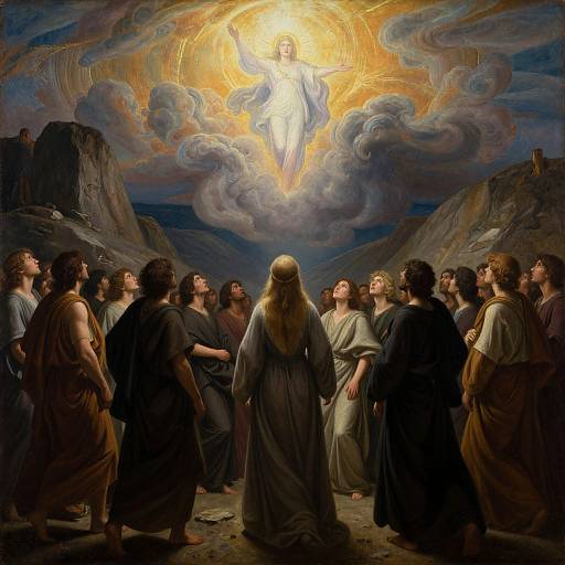 Digital painting of Jesus with glowing halo, surrounded by 13 disciples in ancient robes, in a dramatic, mountainous landscape.
