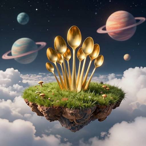 Digital illustration of a floating grass island with golden mushrooms, surrounded by cloudy sky, and colorful planets in a starry night background.