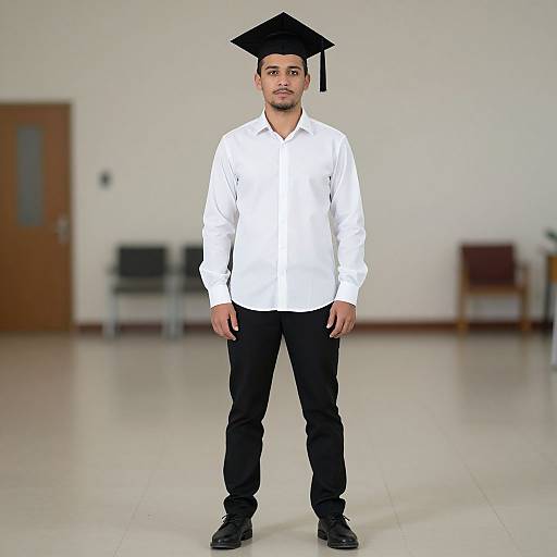 Photograph of a young man with medium brown skin, short black hair, wearing a black graduation cap, white shirt, black pants, and black shoes