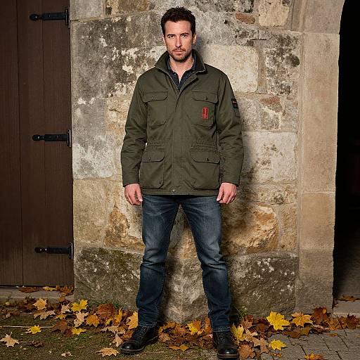 Photograph of a bearded man in olive green jacket, blue jeans, and black boots, standing against a weathered stone wall with autumn leaves on