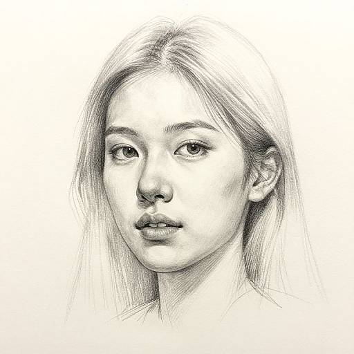 Black-and-white pencil sketch of a young Asian woman with long, straight hair, soft features, and gentle expression, set against a plain white background.