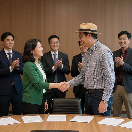 Handshake Moment in Cozy Wood Room