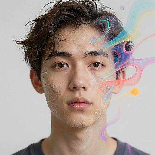 Photograph of Asian teenage boy with messy dark hair, neutral expression, light skin, wearing dark shirt; colorful, swirling light patterns on right side.