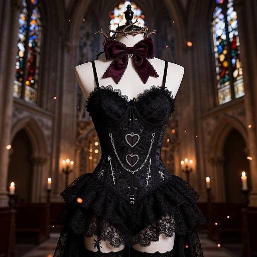 Photograph of a black lace corseted mannequin with heart details, bow, and veil in a dimly lit Gothic cathedral.