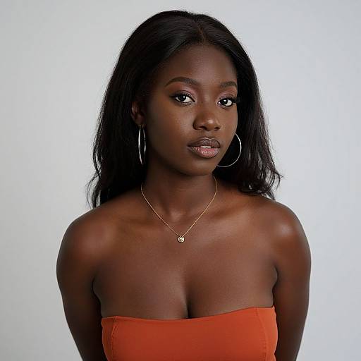 Photograph of a beautiful, dark-skinned woman with long black hair, wearing a strapless orange top, large silver hoop earrings, and a delicate