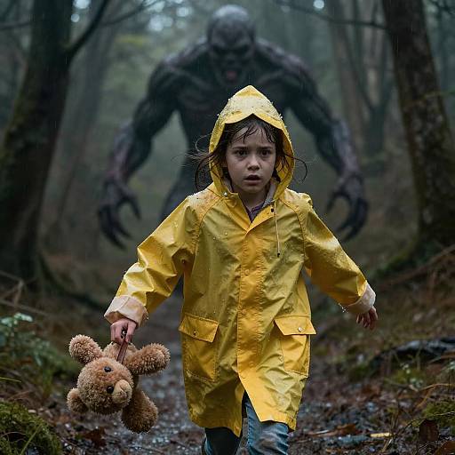 Photograph: Fearful young girl in yellow raincoat and holding teddy bear runs through dark, misty forest with menacing, shadowy monster looming
