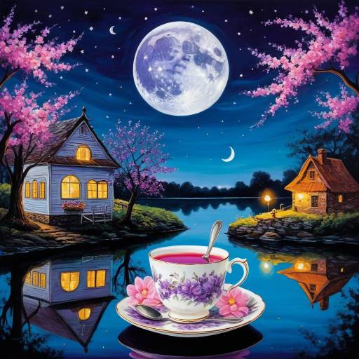 Nighttime Scenery with Flowers and Teacup