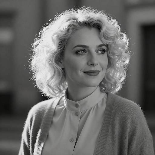 Black-and-White Portrait of Woman with Curly Platinum Blonde Hair