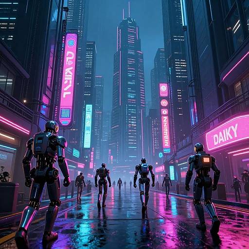 CGI cyberpunk scene: Neon-lit city street with rain, towering skyscrapers, and robotic figures walking under vibrant pink, blue, and