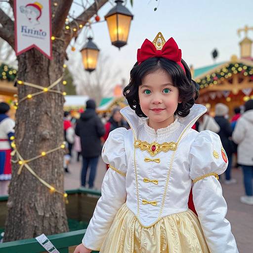 Photograph of a young girl in a Snow White costume with a red bow, white dress, and gold trim, standing in a festive, outdoor Christmas
