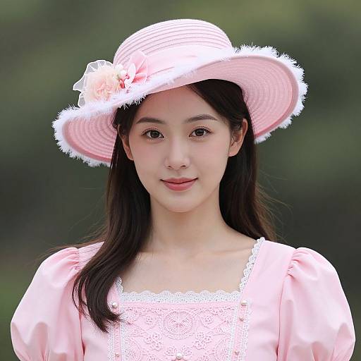 Photograph of an East Asian woman with long black hair, wearing a pink hat with white trim and a pink lace dress, standing against a blurred green