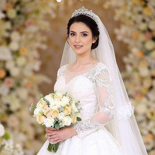 Photograph of a smiling bride in a white lace wedding dress and veil, holding a bouquet of white and peach flowers.