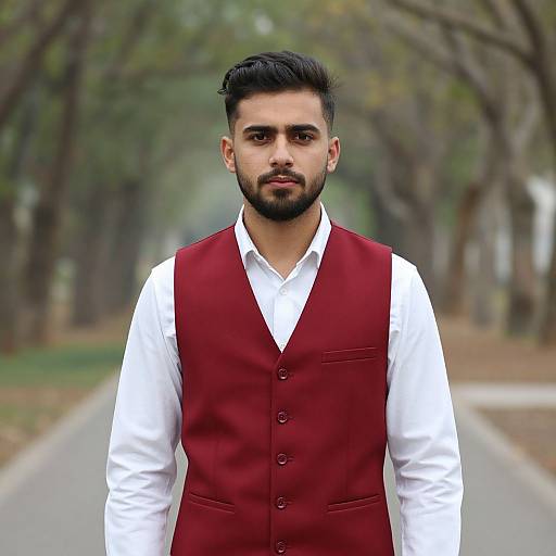 Photograph of a handsome South Asian man with dark hair and beard, wearing a white shirt and red vest, standing on a tree-lined path.