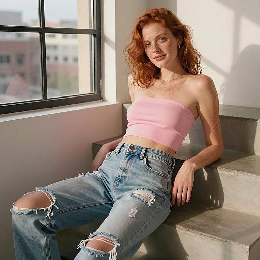 Redhead Woman in Pink Bandeau and Ripped Jeans on Stairs
