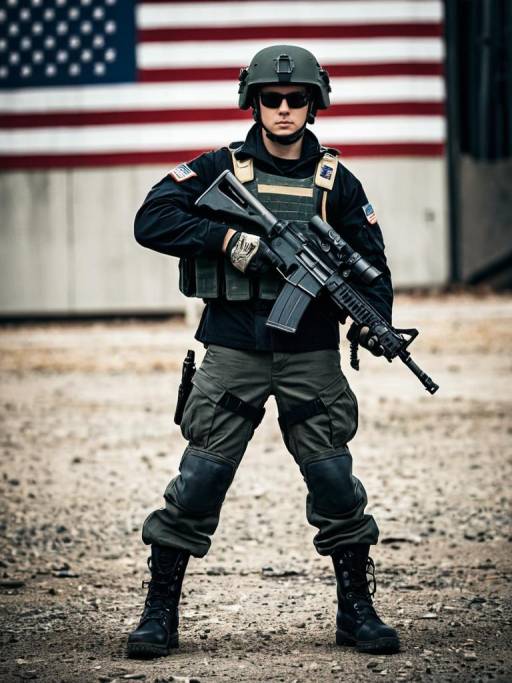 Soldier Standing with Rifle in Front of American Flag