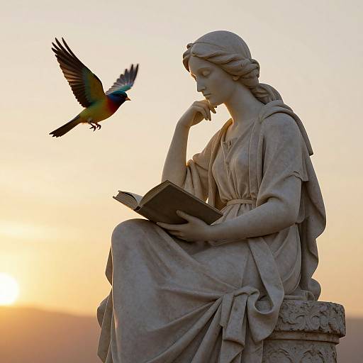 Photograph of a serene stone statue of a classical woman reading, with a colorful bird mid-flight beside her, against a golden sunset.