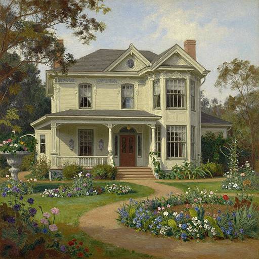 Photorealistic painting of a grand, cream-colored Victorian house with ornate trim, surrounded by a vibrant, flower-filled garden and pathway.