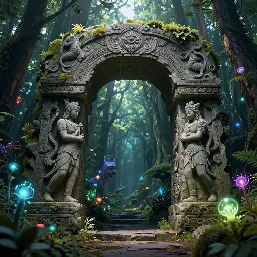 Photorealistic CGI of an ancient, moss-covered stone archway adorned with intricate carvings and statues, surrounded by glowing bioluminescent plants