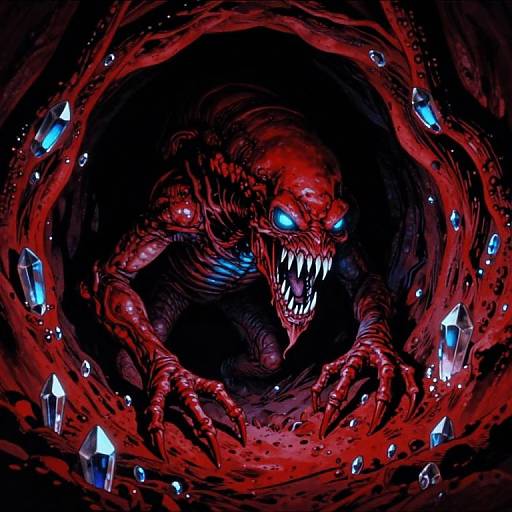 Digital art: Red, glowing-eyed monster with sharp teeth and claws, emerging from a dark tunnel surrounded by blue crystals, creating a sinister, otherworld