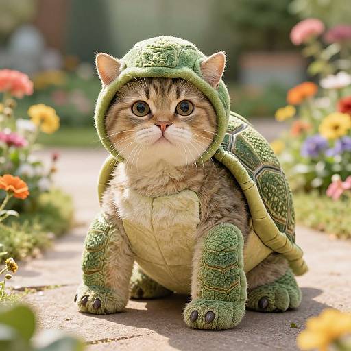 Adorable tabby kitten in green turtle costume, with shell and hood, standing on sunlit garden path surrounded by colorful flowers. Photograph.