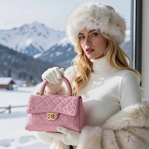 Blonde Woman with Pink Chanel Handbag in Winter Setting