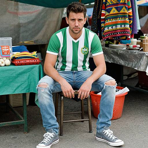 Photograph of a muscular man with short dark hair, wearing a green and white striped soccer shirt, ripped jeans, and gray sneakers, sitting on a