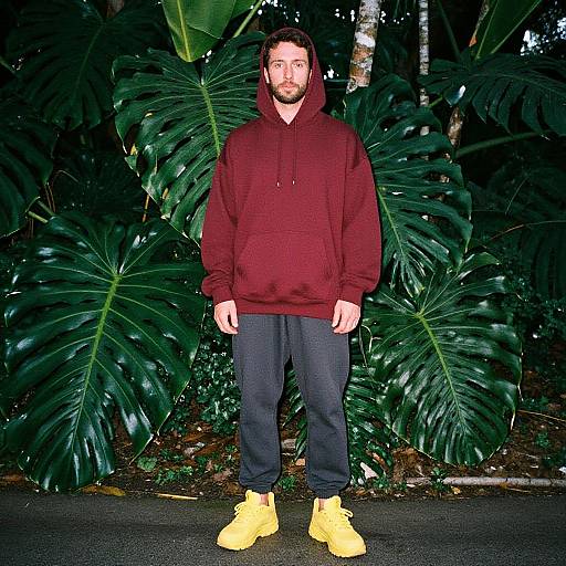 Photograph of a bearded man in a red hoodie, black pants, and yellow boots, standing in front of large green monstera leaves in