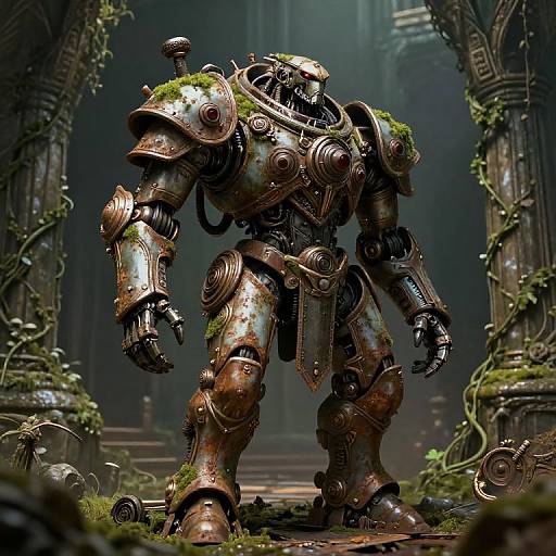 Photorealistic CGI of a rusted, moss-covered medieval robot standing in a dark, overgrown, ancient ruin with vines and pillars.