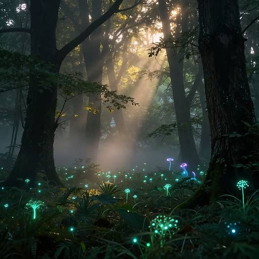 Photograph of a mystical forest at dawn, sunbeams filtering through trees, illuminating glowing blue and green mushrooms on the forest floor.