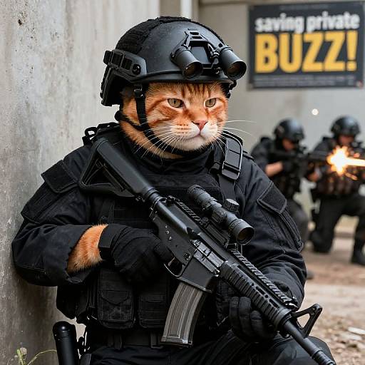 Photograph of a cat in black tactical gear and helmet, holding a rifle, with two other soldiers in the background. 