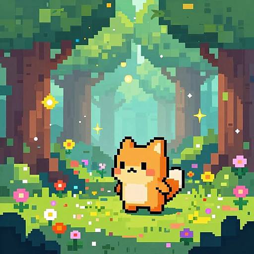 Pixel art of a cute, orange, fox-like creature standing in a vibrant, enchanted forest with colorful flowers and glowing sparkles.