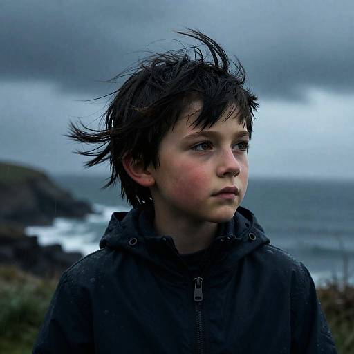 Wistful Breton Child on Rainy Coast