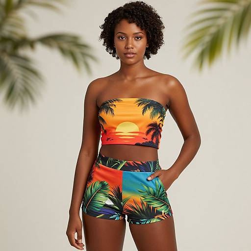 Photograph of a dark-skinned woman with curly hair, wearing a strapless, sunset-palm-tree print top and matching high-waisted shorts