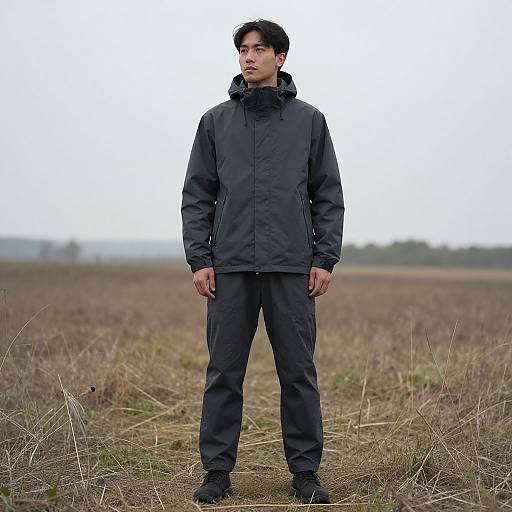 Photograph of a young Asian man standing in a barren field, wearing a black jacket and pants, looking serious, overcast sky.