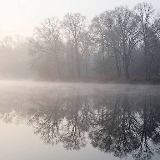 Photograph of a misty lake with leafless trees reflected in calm water, soft morning light, and a serene, foggy atmosphere.