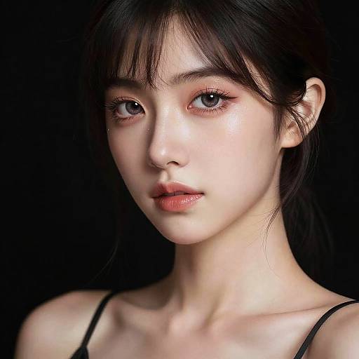 Photorealistic portrait of an East Asian woman with fair skin, dark brown eyes, and black hair, wearing a black spaghetti strap top, against a