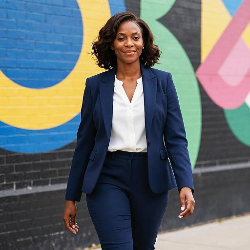 Photograph of a smiling Black woman with shoulder-length curly hair, wearing a navy blazer and white blouse, walking past a colorful graffiti-covered black brick