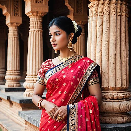Elegant Indian Woman in Red Saree by Stone Pillars