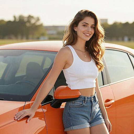 Photograph of a smiling young woman with long brown hair, wearing a white crop top and denim shorts, leaning against an orange car. Sunny outdoor setting