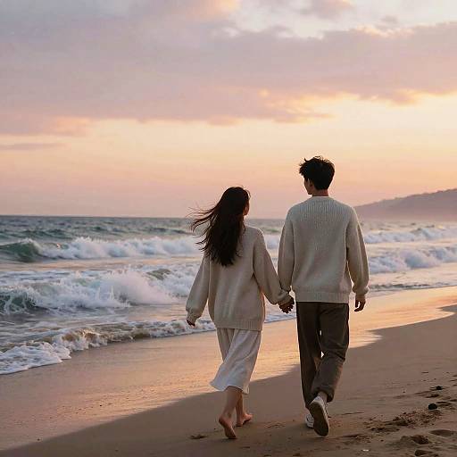 Photograph of a couple holding hands, walking on a beach at sunset, wearing casual white sweaters and dark pants, waves and cloudy sky in the